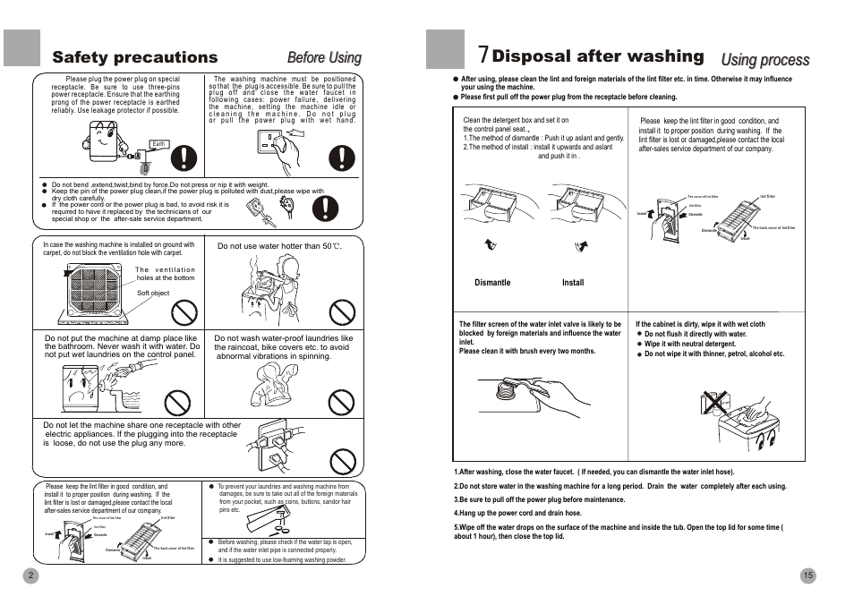 Disposal after washing, Using process, Safety precautions | Before using | haier HWM90-96A User Manual | Page 4 / 11