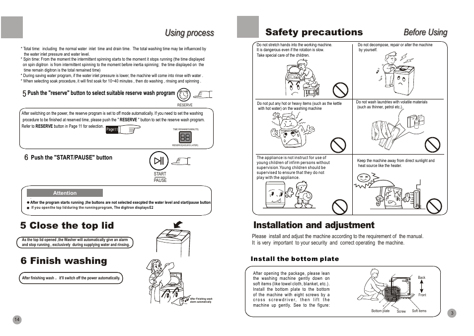 Installation and adjustment, 5 close the top lid 6 finish washing, Using process | Safety precautions, Before using | haier HWM90-96A User Manual | Page 5 / 11