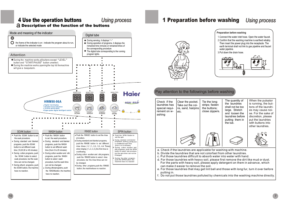 Nano wash, Using process, Using process 1 preparation before washing | 4 use the operation buttons, Pay attention to the followings before washing, Description of the function of the buttons | haier HWM90-96A User Manual | Page 9 / 11