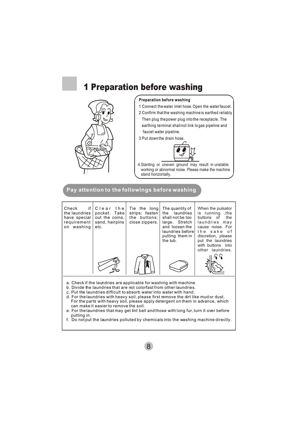 1 preparation before washing | haier HWM8000 User Manual | Page 10 / 18