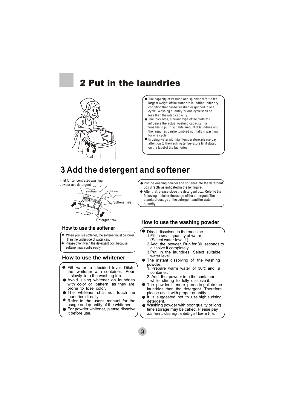 2 put in the laundries, 3 add the detergent and softener | haier HWM8000 User Manual | Page 11 / 18