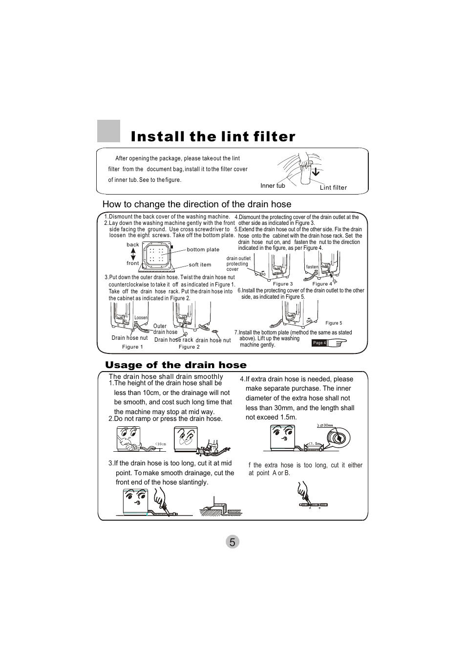 Install the lint filter, How to change the direction of the drain hose, Usage of the drain hose | haier HWM8000 User Manual | Page 7 / 18