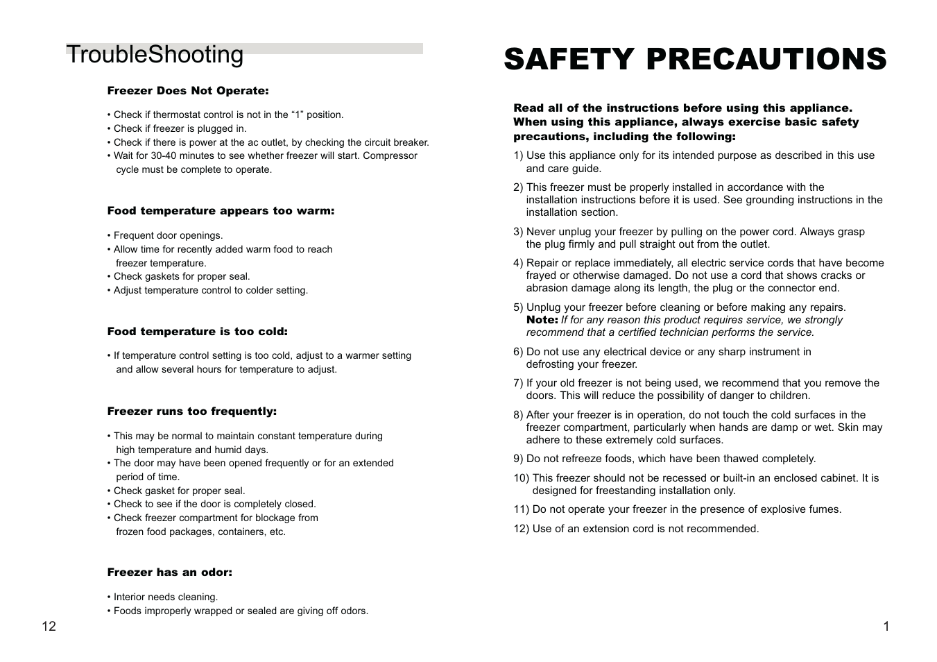 Safety precautions, Troubleshooting | haier FCD-360 User Manual | Page 3 / 8