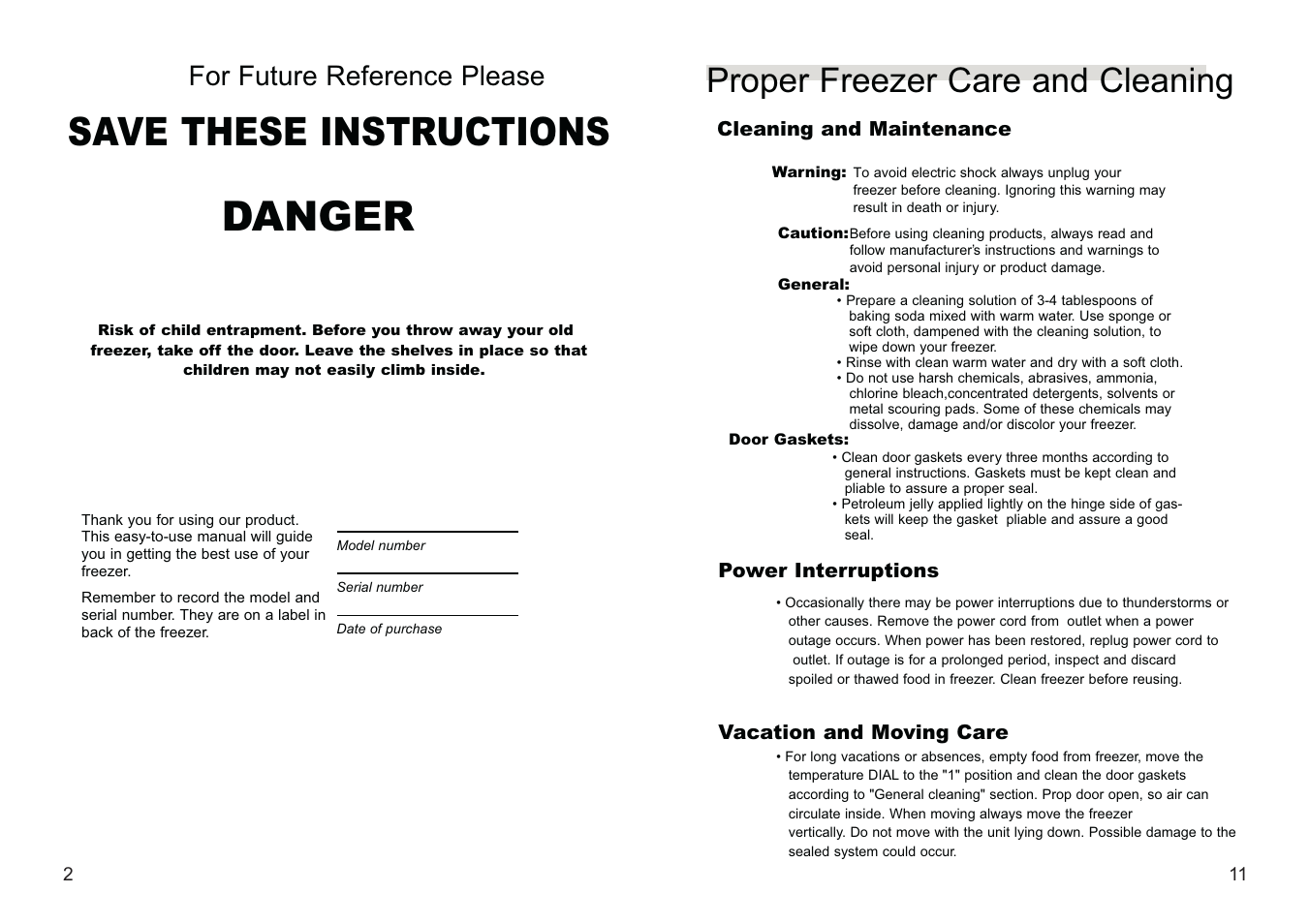 Danger, Save these instructions, Proper freezer care and cleaning | For future reference please | haier FCD-360 User Manual | Page 4 / 8