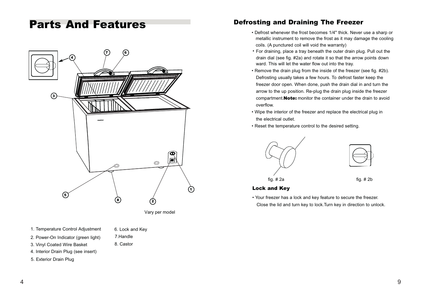 Parts and features, Defrosting and draining the freezer | haier FCD-360 User Manual | Page 6 / 8