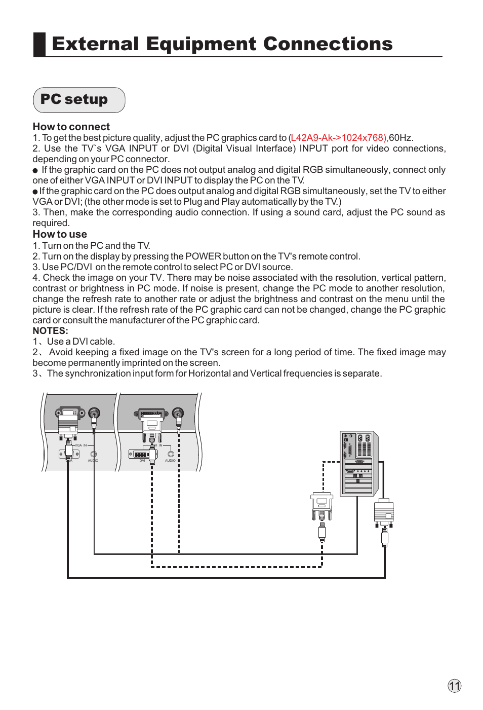 External equipment connections, Pc setup, How to connect | How to use | haier TFT-LCD User Manual | Page 14 / 49