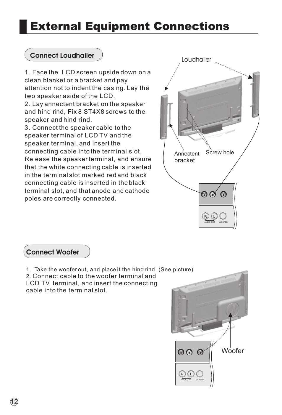 External equipment connections, Connect loudhailer, Connect woofer woofer | Loudhailer, Bracket | haier TFT-LCD User Manual | Page 15 / 49