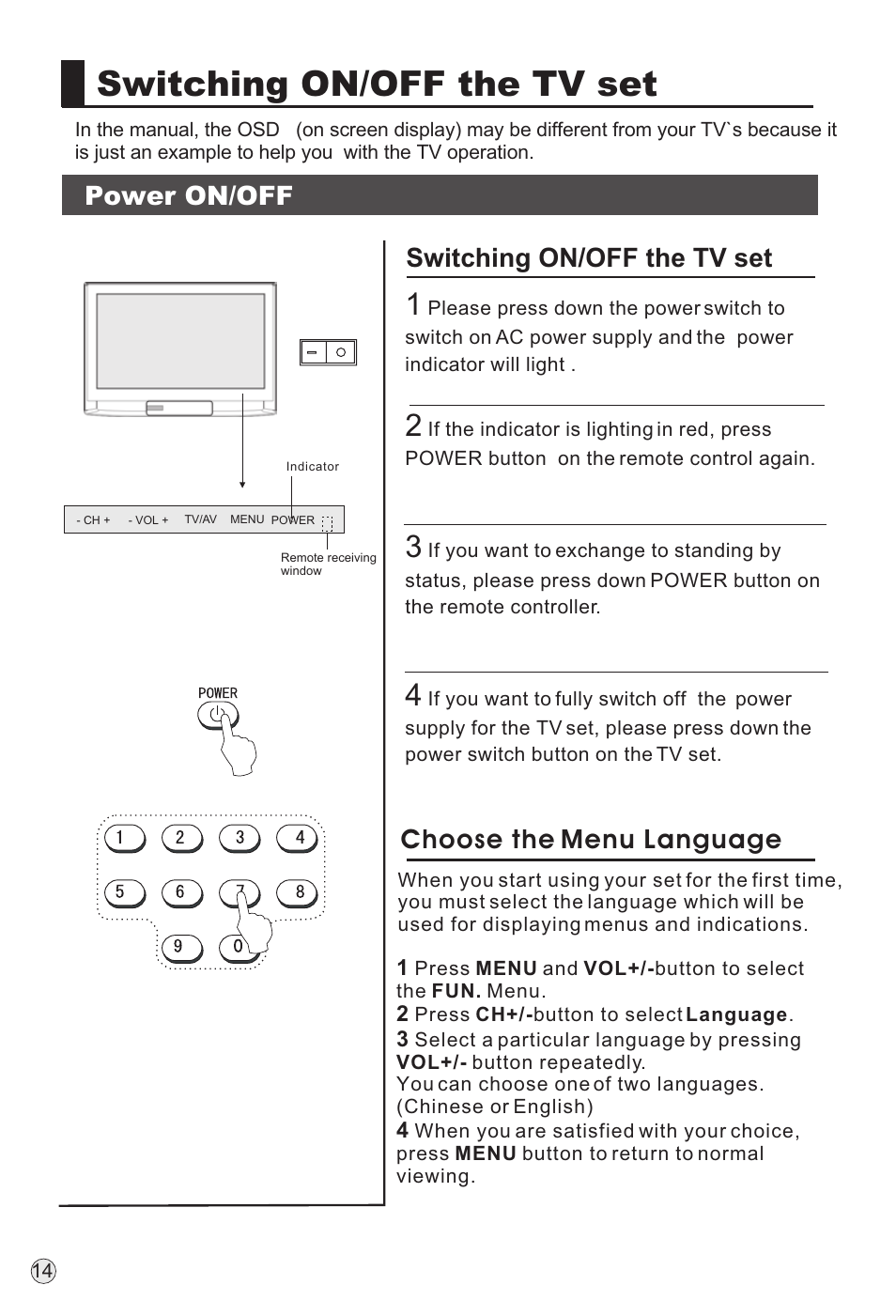 Switching on/off the tv set, Power on/off, Choose the menu language | haier TFT-LCD User Manual | Page 17 / 49