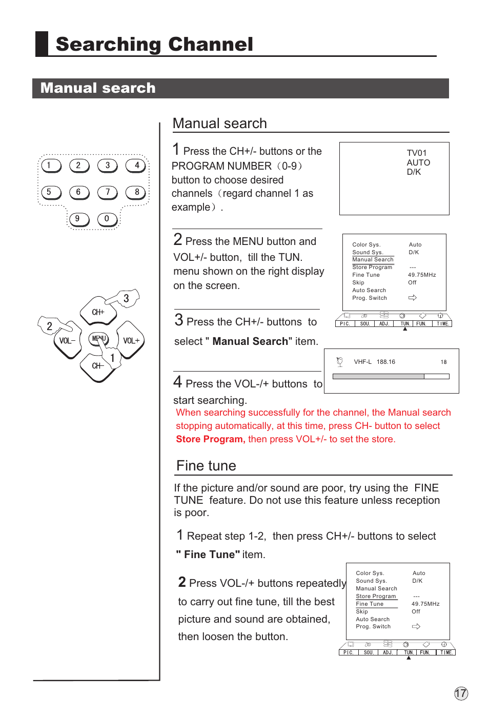Searching channel, Manual search, Fine tune | haier TFT-LCD User Manual | Page 20 / 49
