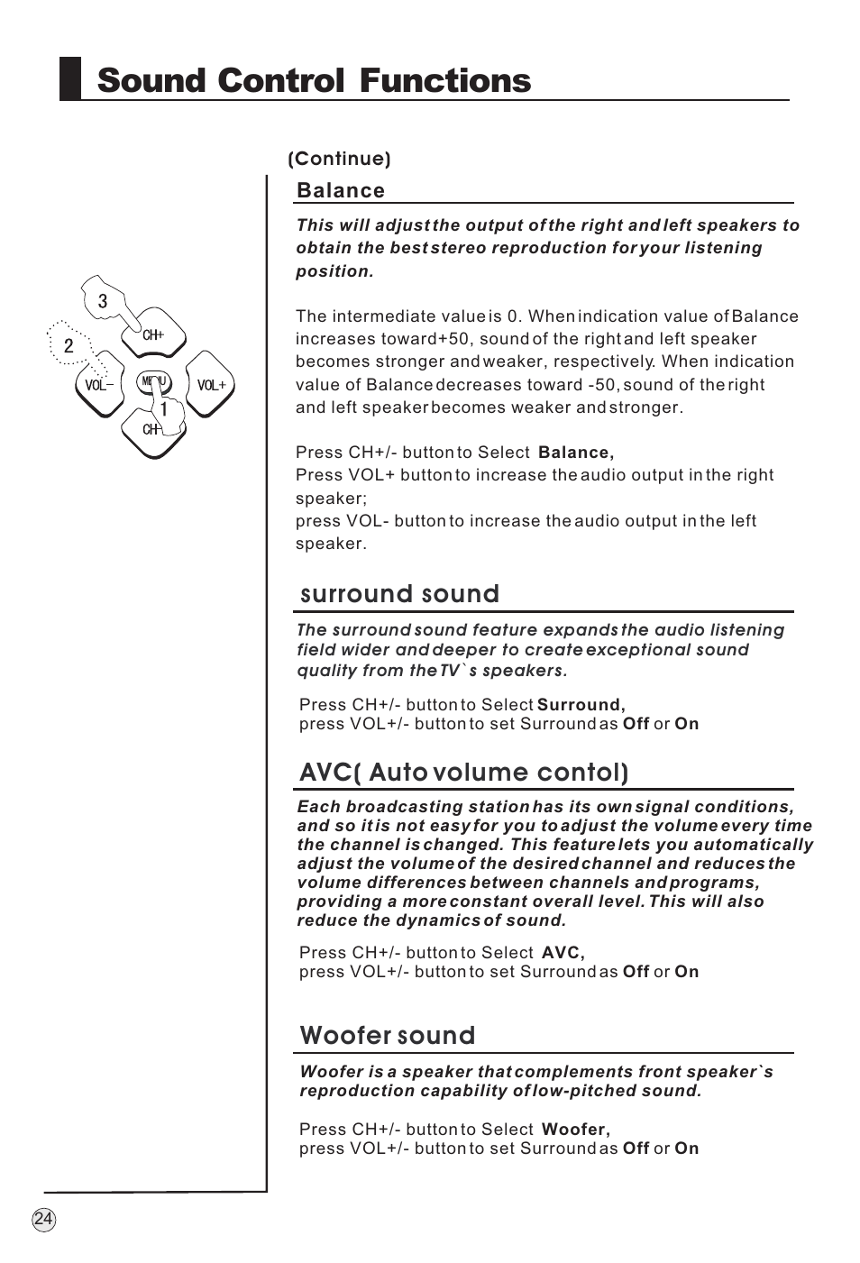 Sound control functions, Surround sound, Avc( auto volume contol) | Woofer sound | haier TFT-LCD User Manual | Page 27 / 49