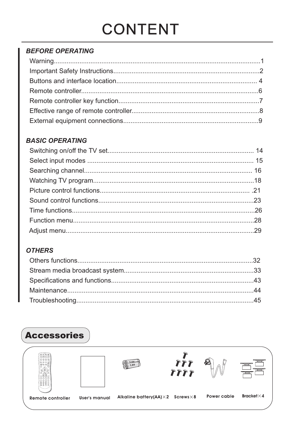 Content, Accessories | haier TFT-LCD User Manual | Page 3 / 49