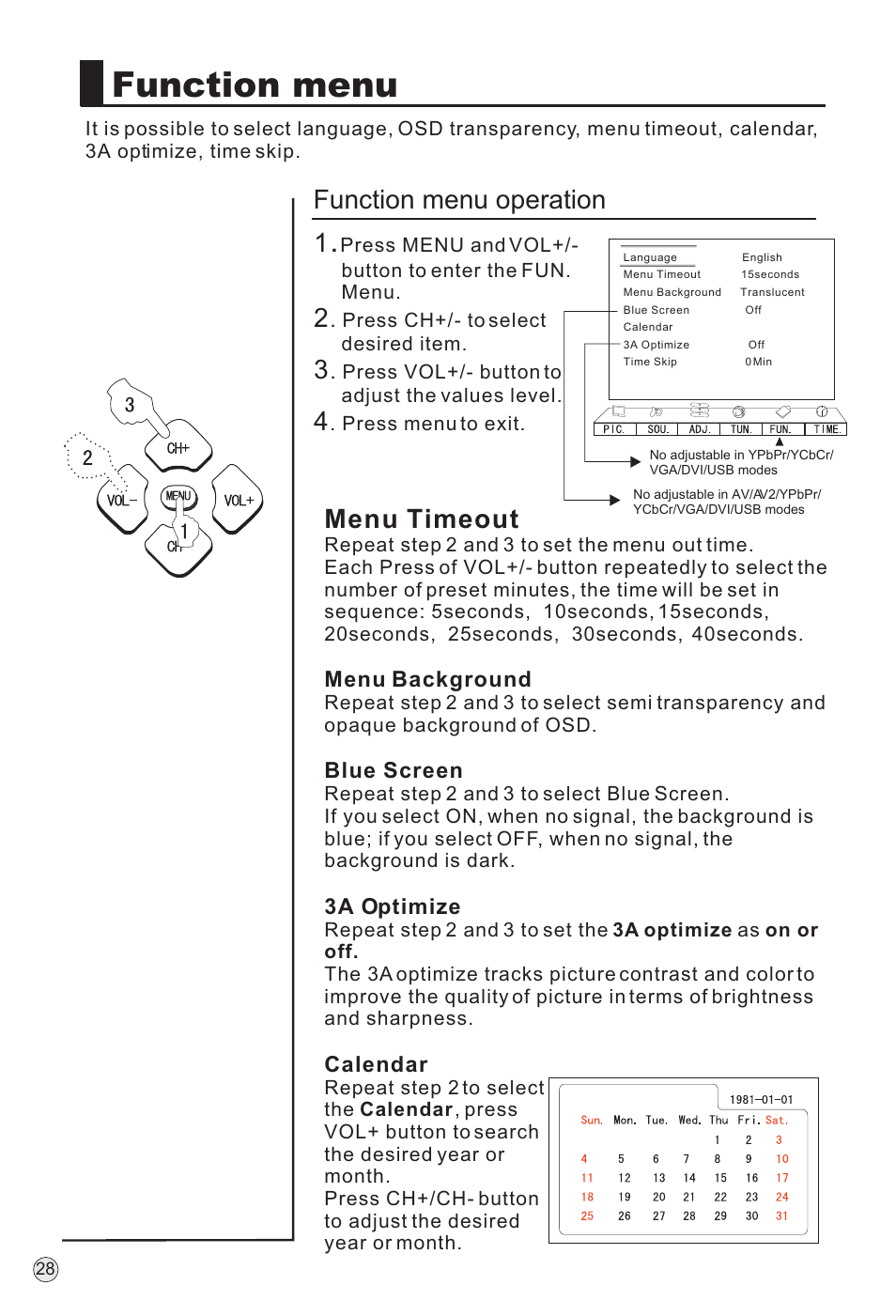 Function menu, Menu timeout, Function menu operation | haier TFT-LCD User Manual | Page 31 / 49