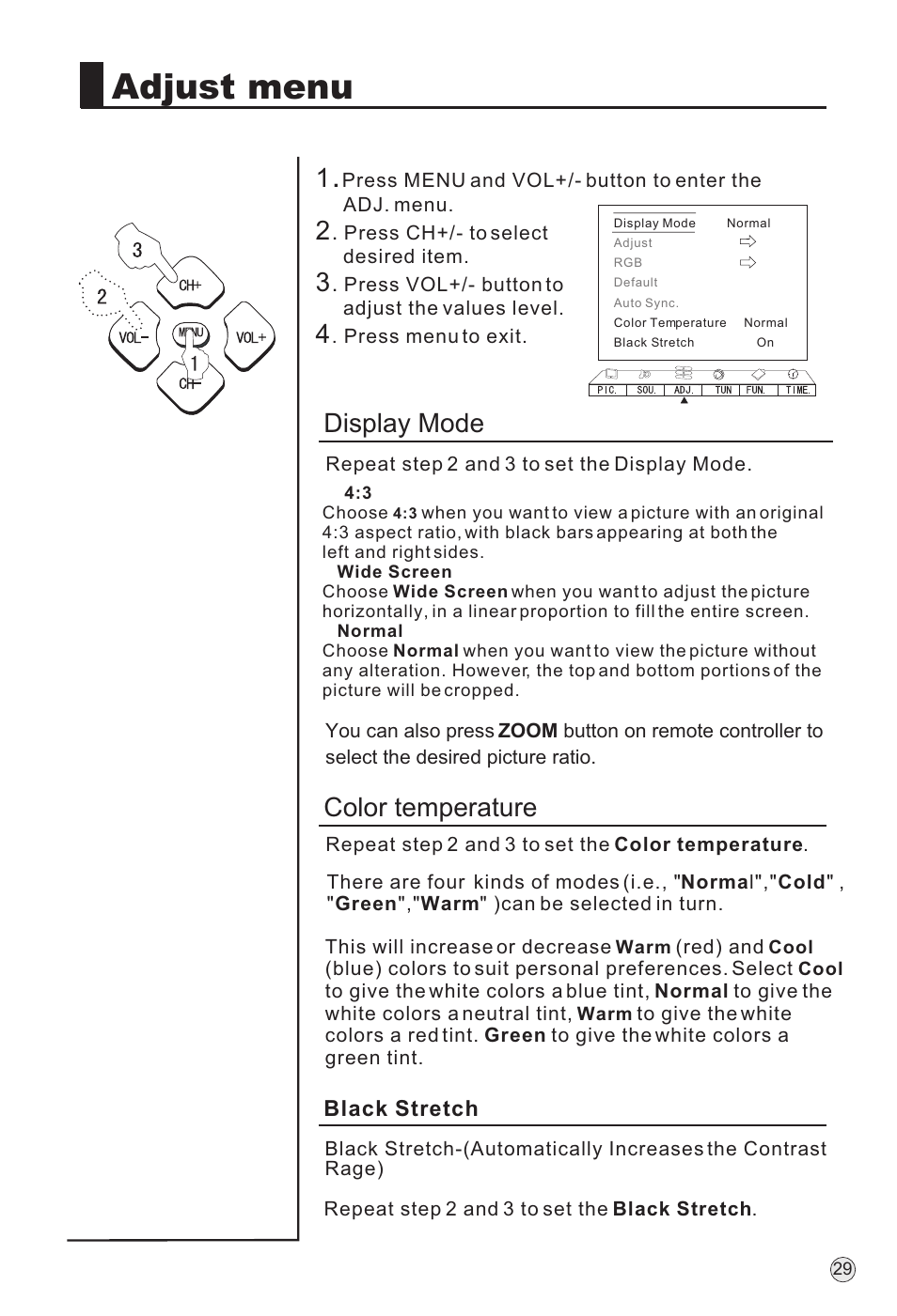 Adjust menu, Display mode, Color temperature | haier TFT-LCD User Manual | Page 32 / 49