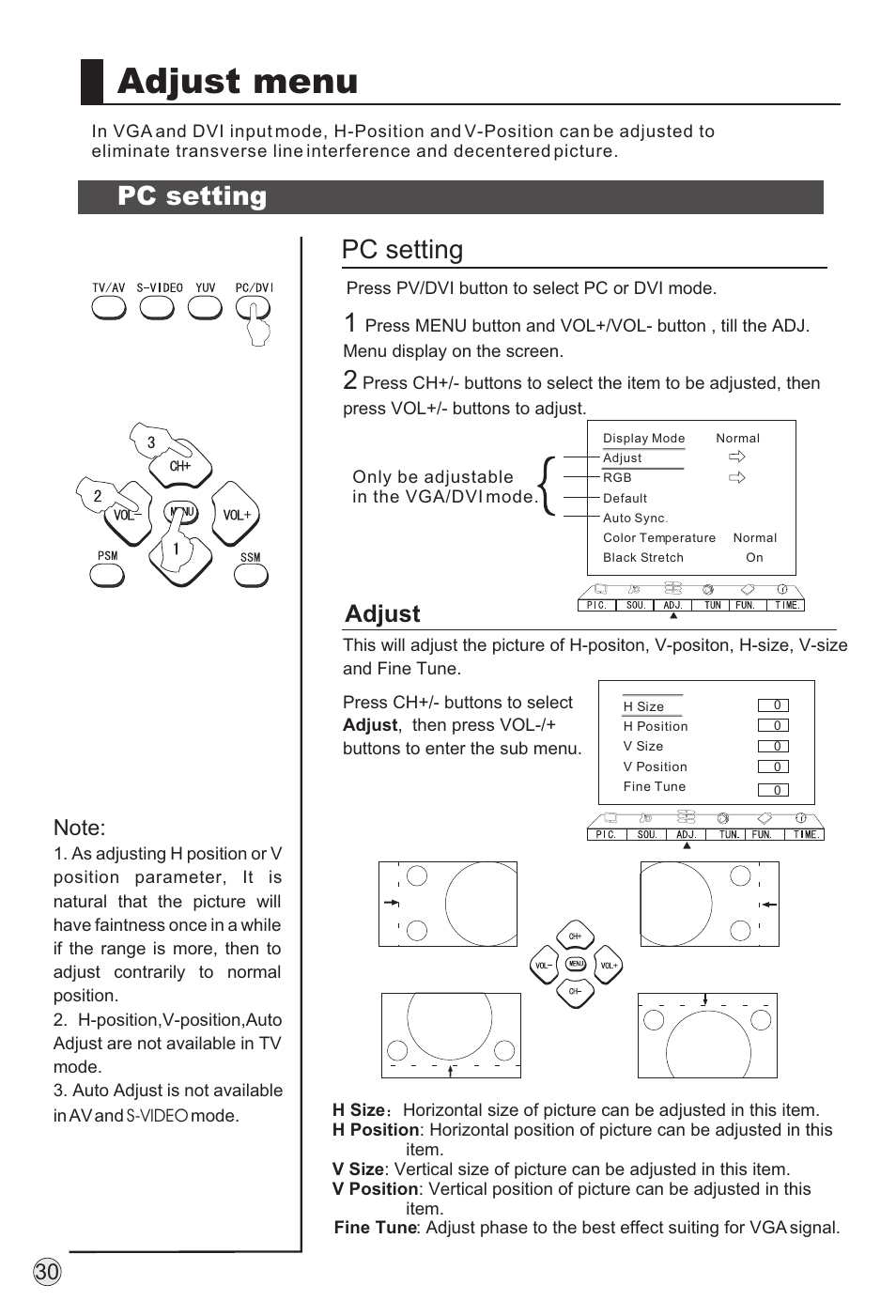 Adjust menu, Pc setting, Adjust | haier TFT-LCD User Manual | Page 33 / 49