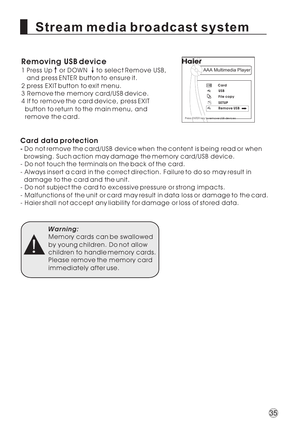 Stream media broadcast system, Removing usb device, Card data protection | haier TFT-LCD User Manual | Page 38 / 49