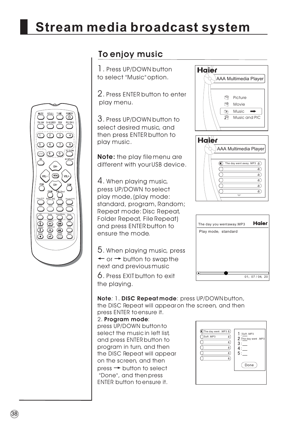 Stream media broadcast system, Press up/down button to select "music" option, Press enter button to enter play menu | Press exit button to exit the playing | haier TFT-LCD User Manual | Page 41 / 49