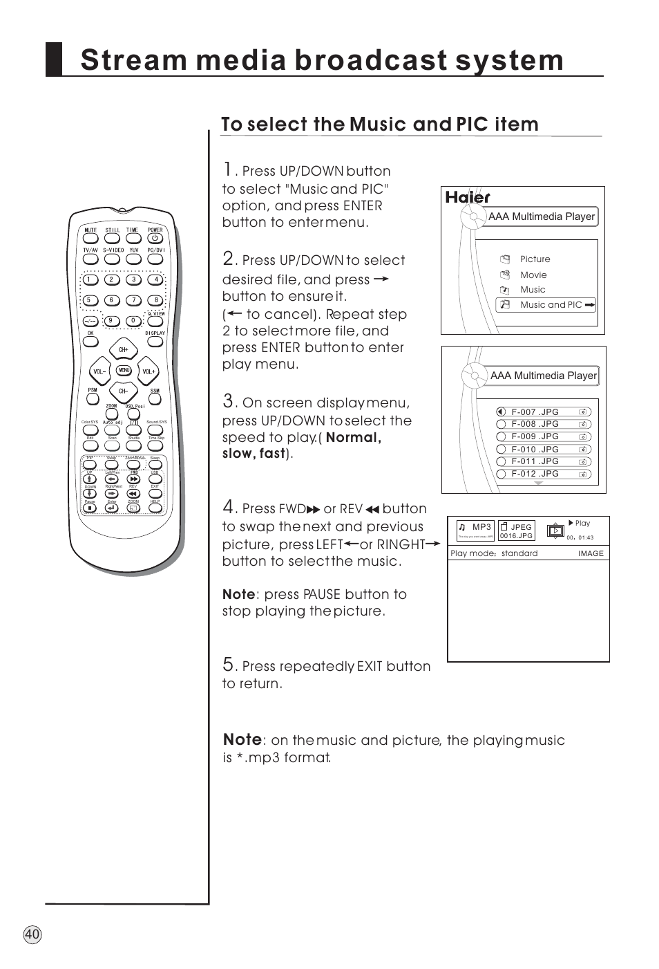 Stream media broadcast system, Press, Press repeatedly exit button to return | Or rev | haier TFT-LCD User Manual | Page 43 / 49