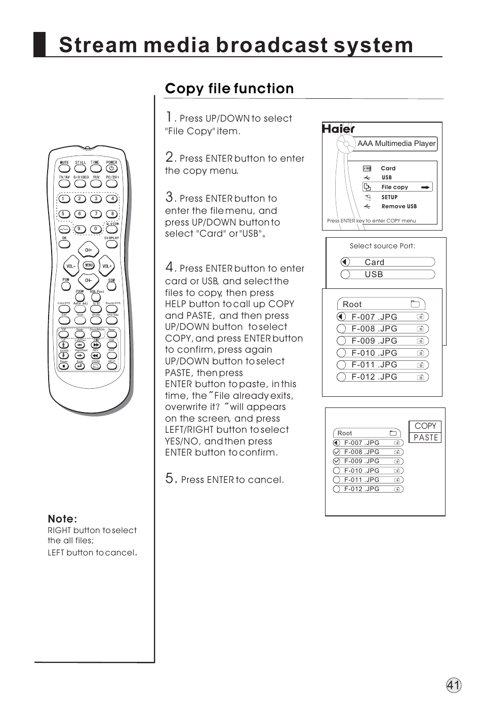 Stream media broadcast system, Copy file function, Press up/down to select "file copy" item | Press enter button to enter the copy menu, Press enter to cancel | haier TFT-LCD User Manual | Page 44 / 49