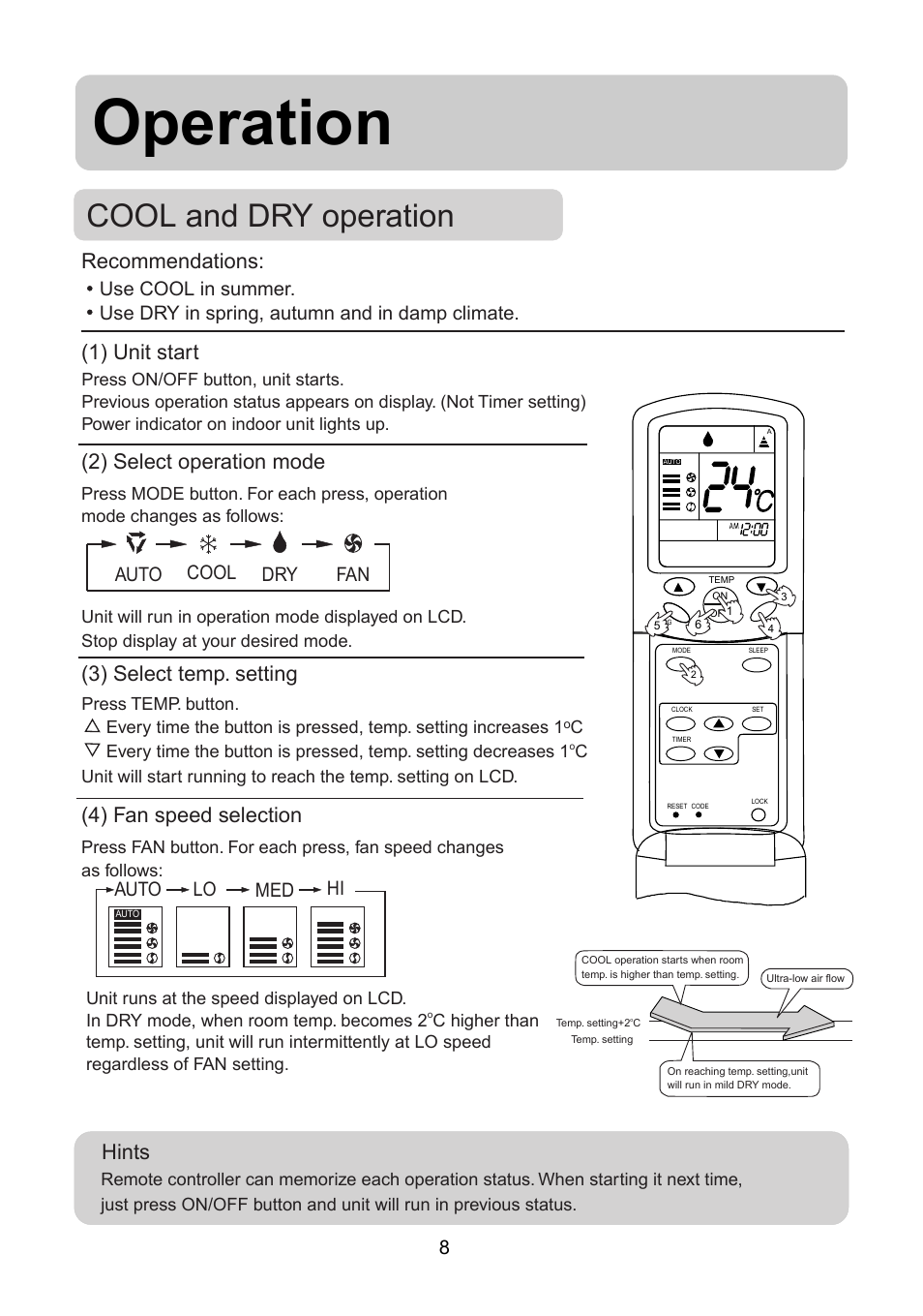 Operation, Cool and dry operation, Hints (4) fan speed selection | Recommendations, Auto dry fan cool, Auto lo med hi | haier AS072AZNBA User Manual | Page 10 / 19