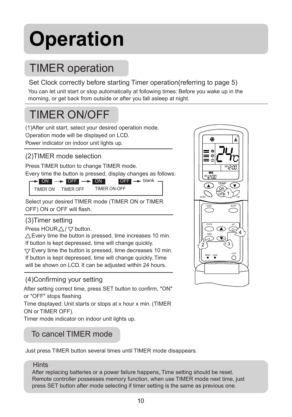 Operation, Timer operation timer on/off, 2)timer mode selection | 3)timer setting, 4)confirming your setting | haier AS072AZNBA User Manual | Page 12 / 19