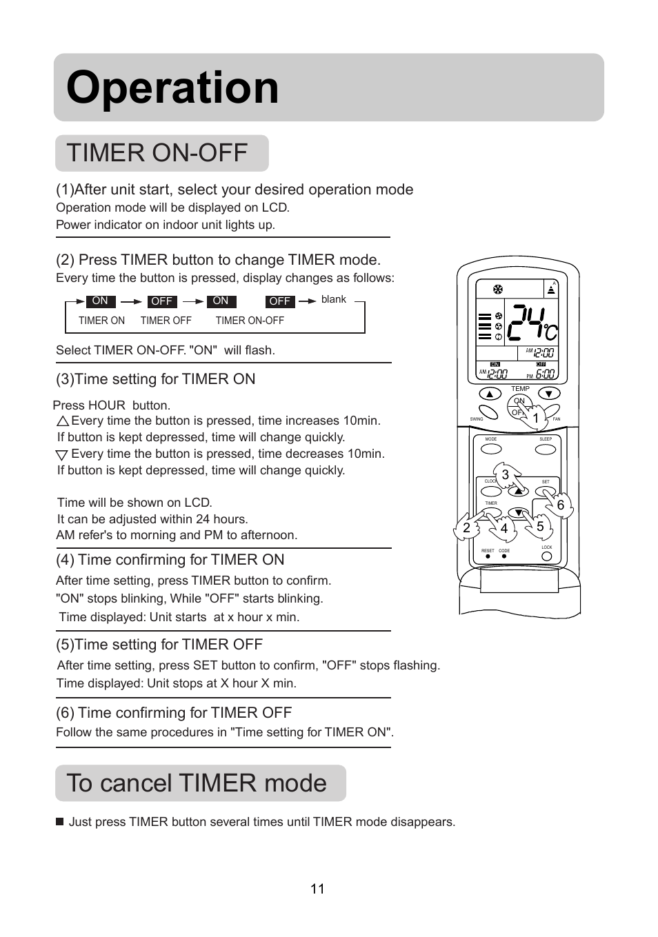 Operation, Timer on-off to cancel timer mode, 2) press timer button to change timer mode | 3)time setting for timer on, 5)time setting for timer off | haier AS072AZNBA User Manual | Page 13 / 19