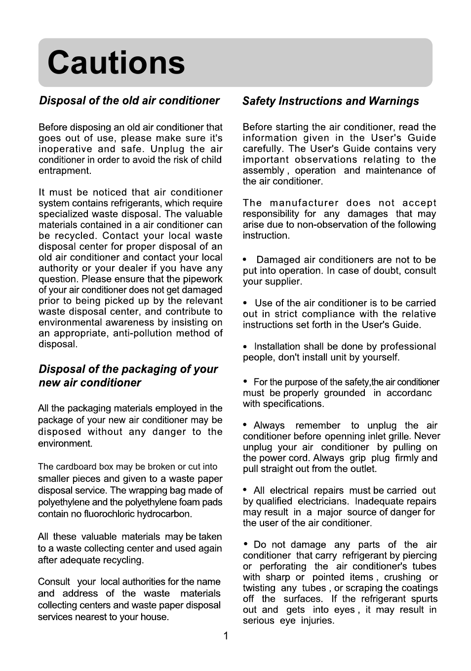 Cautions | haier AS072AZNBA User Manual | Page 3 / 19