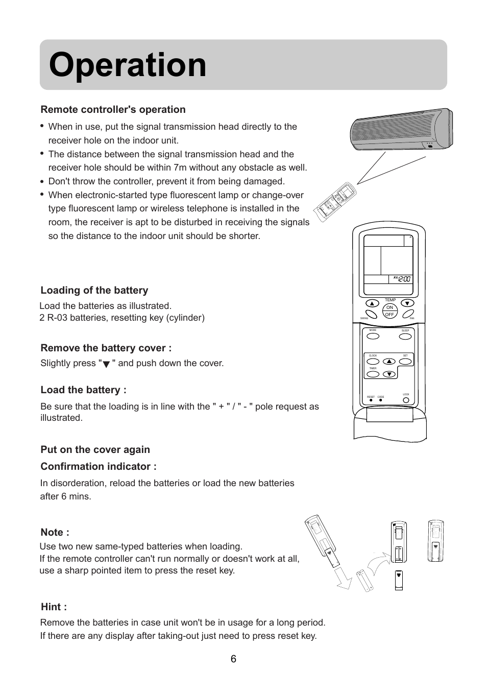 Operation, 6remote controller's operation, Loading of the battery remove the battery cover | Load the battery, Slightly press 