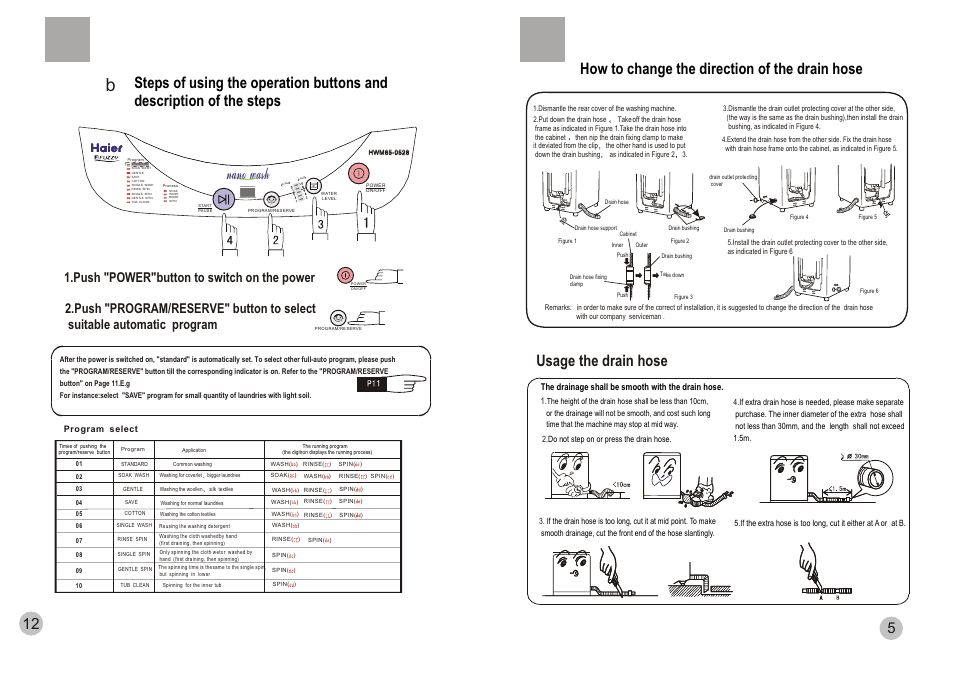 Nano wash, Usage the drain hose, How to change the direction of the drain hose | Ligh t flas h, Time remained(minutes) reserve(hours later) | haier HWM65-0528 User Manual | Page 7 / 10