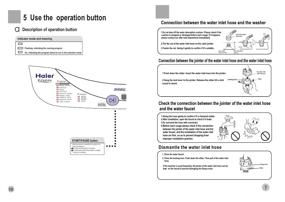 Nano wash, 5 use the operation button, Dismantle the water inlet hose | Description of operation button | haier HWM65-0528 User Manual | Page 9 / 10
