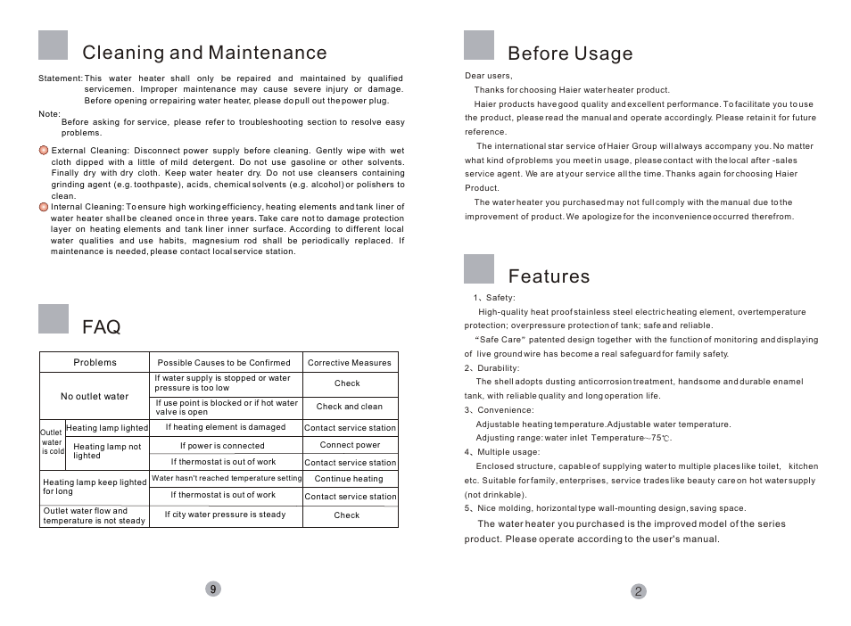 Т³гж 3, Before usage, Features | Cleaning and maintenance | haier Little Sea-ox FCD JTHA40-III(E) User Manual | Page 3 / 6