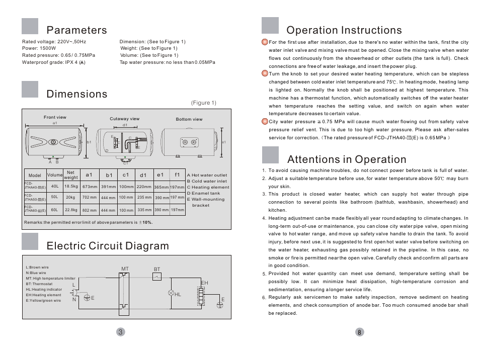 Т³гж 4, Dimensions, Electric circuit diagram | Parameters, Operation instructions, Attentions in operation | haier Little Sea-ox FCD JTHA40-III(E) User Manual | Page 4 / 6