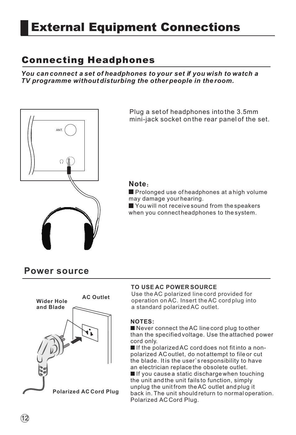 External equipment connections, Power source, Connecting headphones | haier L32H8 User Manual | Page 14 / 35