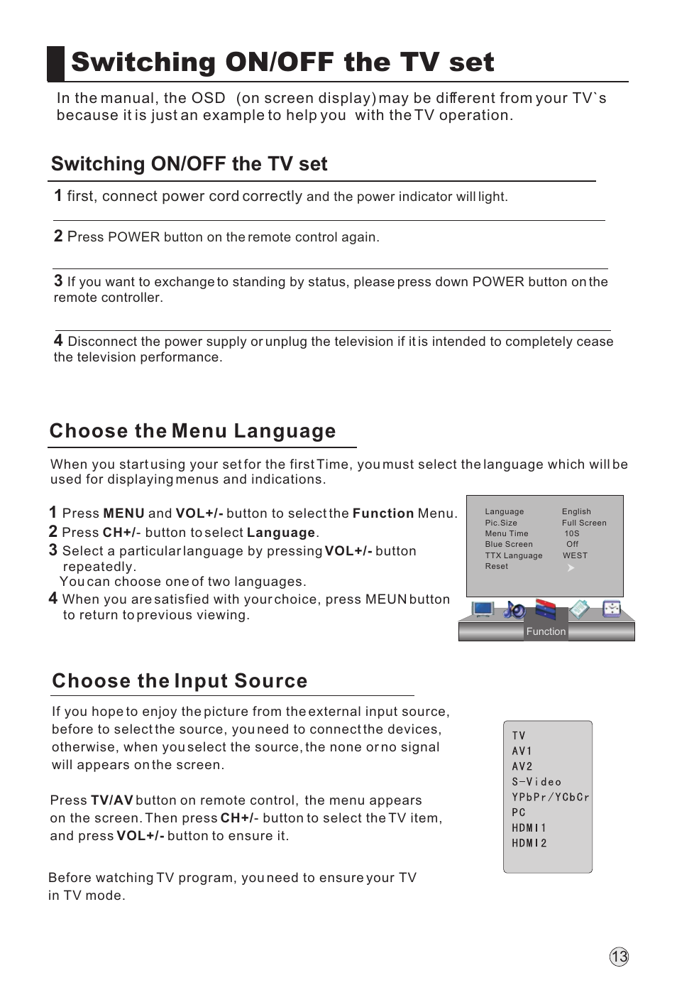 Switching on/off the tv set, Choose the menu language choose the input source | haier L32H8 User Manual | Page 15 / 35