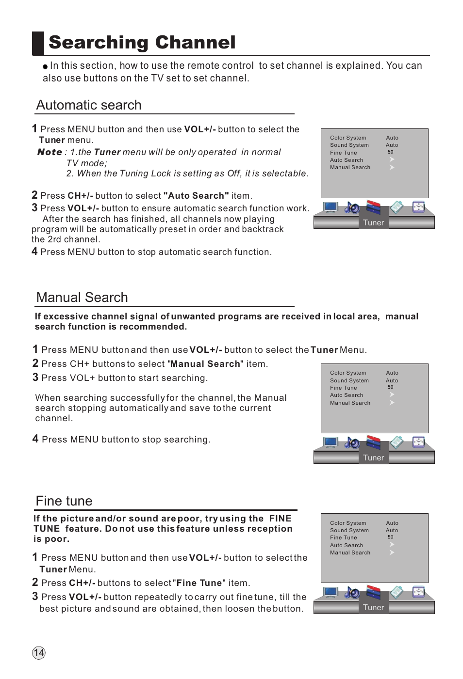 Searching channel, Automatic search, Fine tune | Manual search | haier L32H8 User Manual | Page 16 / 35