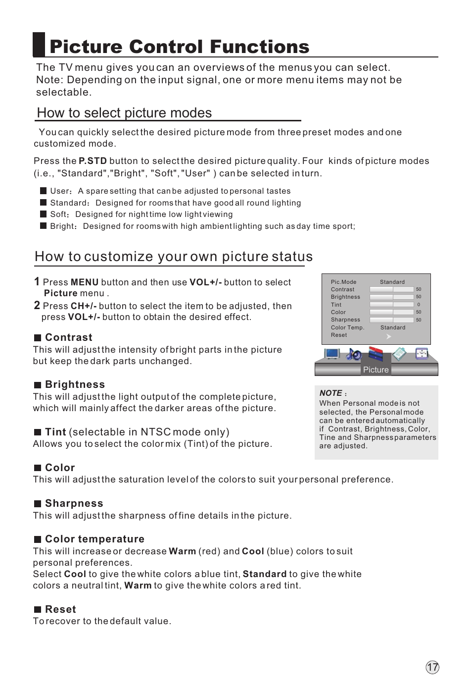 Picture control functions | haier L32H8 User Manual | Page 19 / 35
