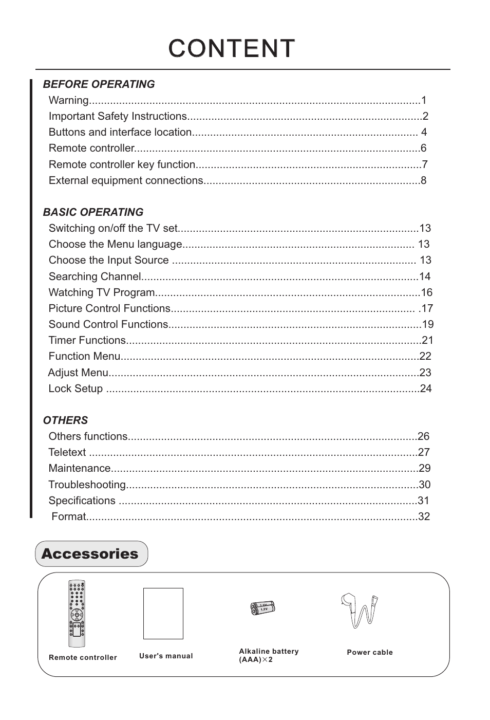 Content, Accessories | haier L32H8 User Manual | Page 2 / 35