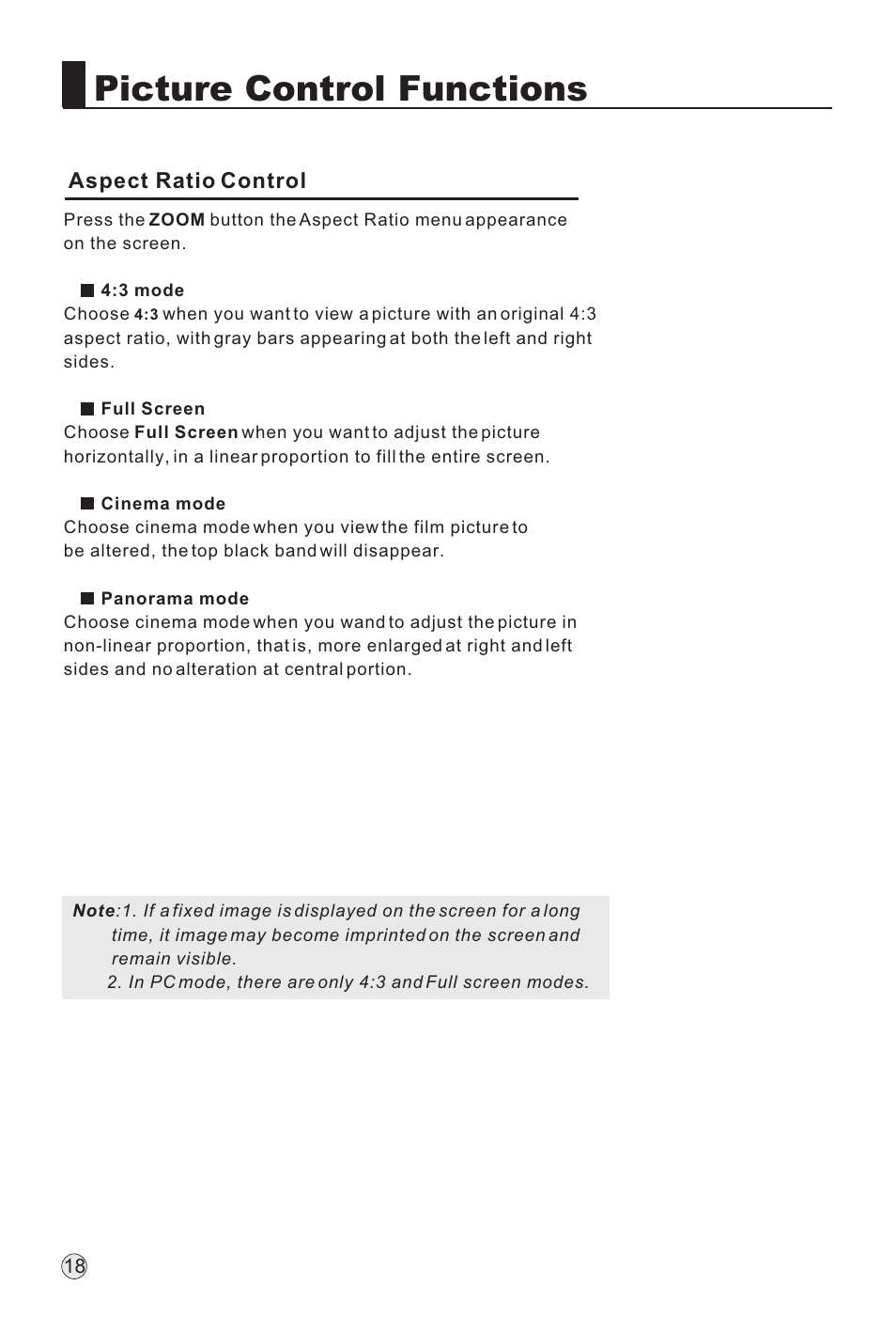 Picture control functions, Aspect ratio control | haier L32H8 User Manual | Page 20 / 35