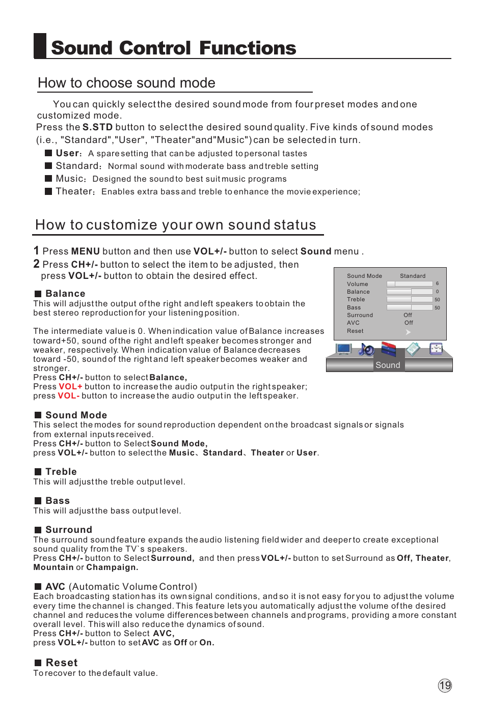 Sound control functions, Reset | haier L32H8 User Manual | Page 21 / 35