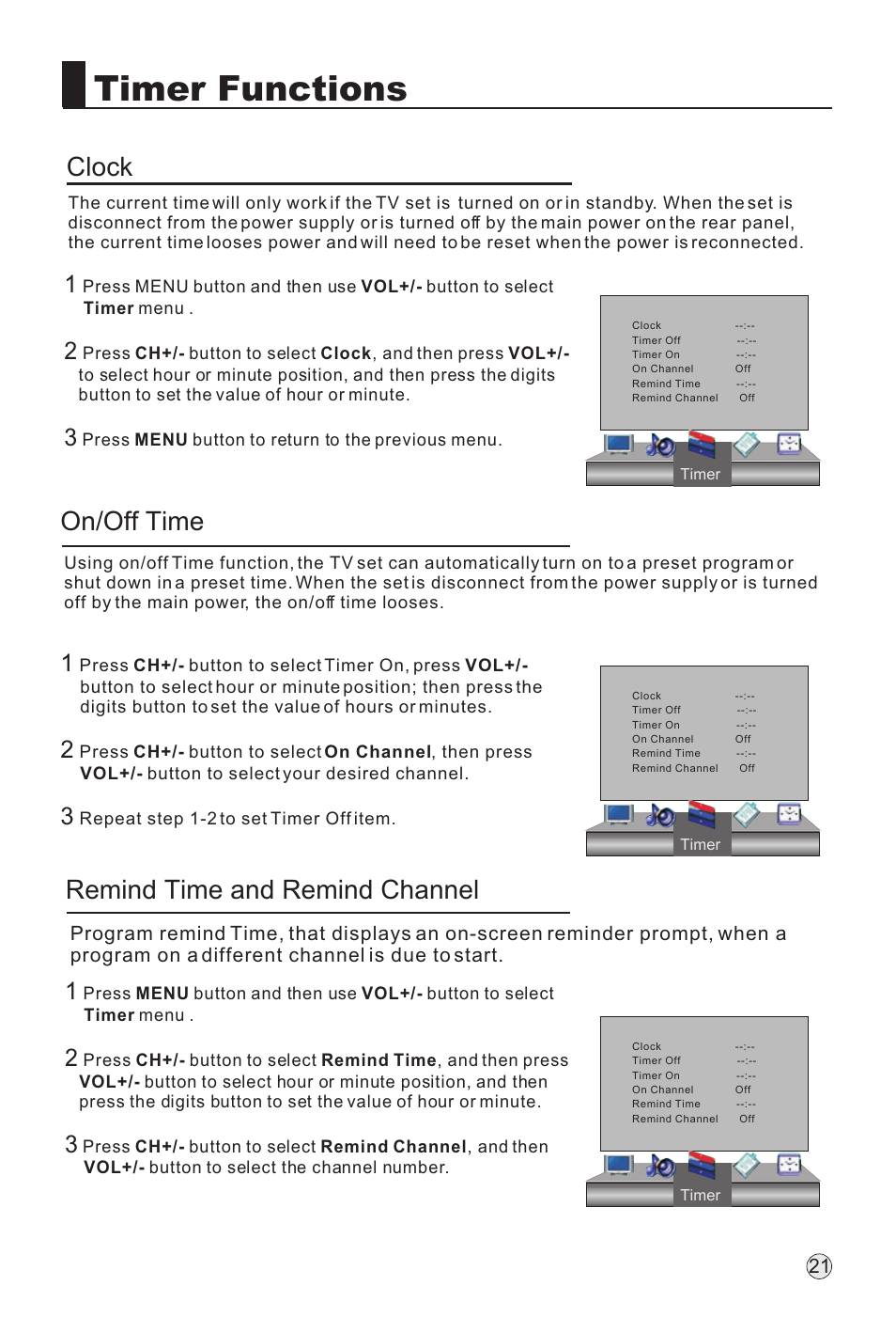 Timer functions, On/off time clock, Remind time and remind channel | haier L32H8 User Manual | Page 23 / 35
