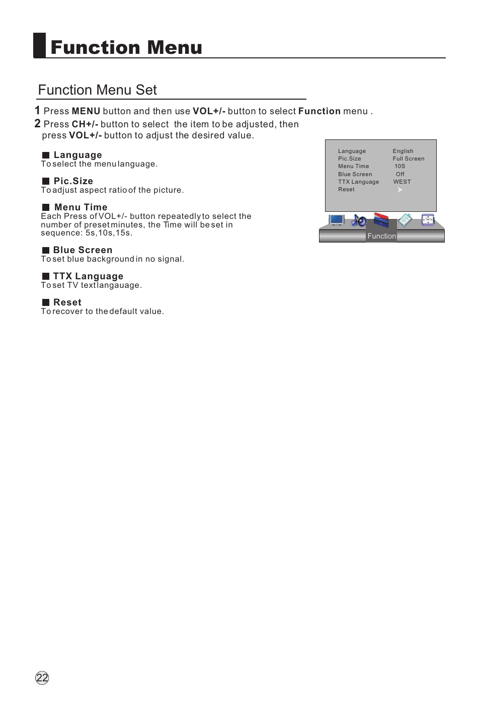 Function menu, Function menu set | haier L32H8 User Manual | Page 24 / 35