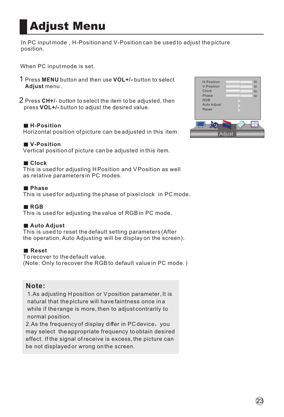 Adjust menu | haier L32H8 User Manual | Page 25 / 35