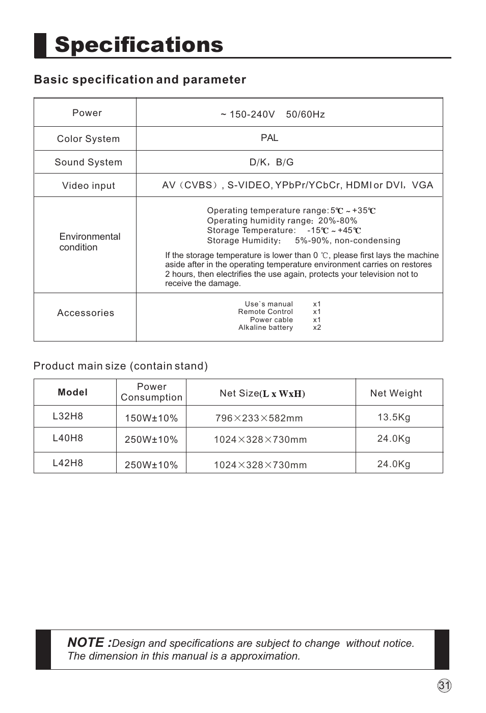 Specifications, Basic specification and parameter | haier L32H8 User Manual | Page 33 / 35