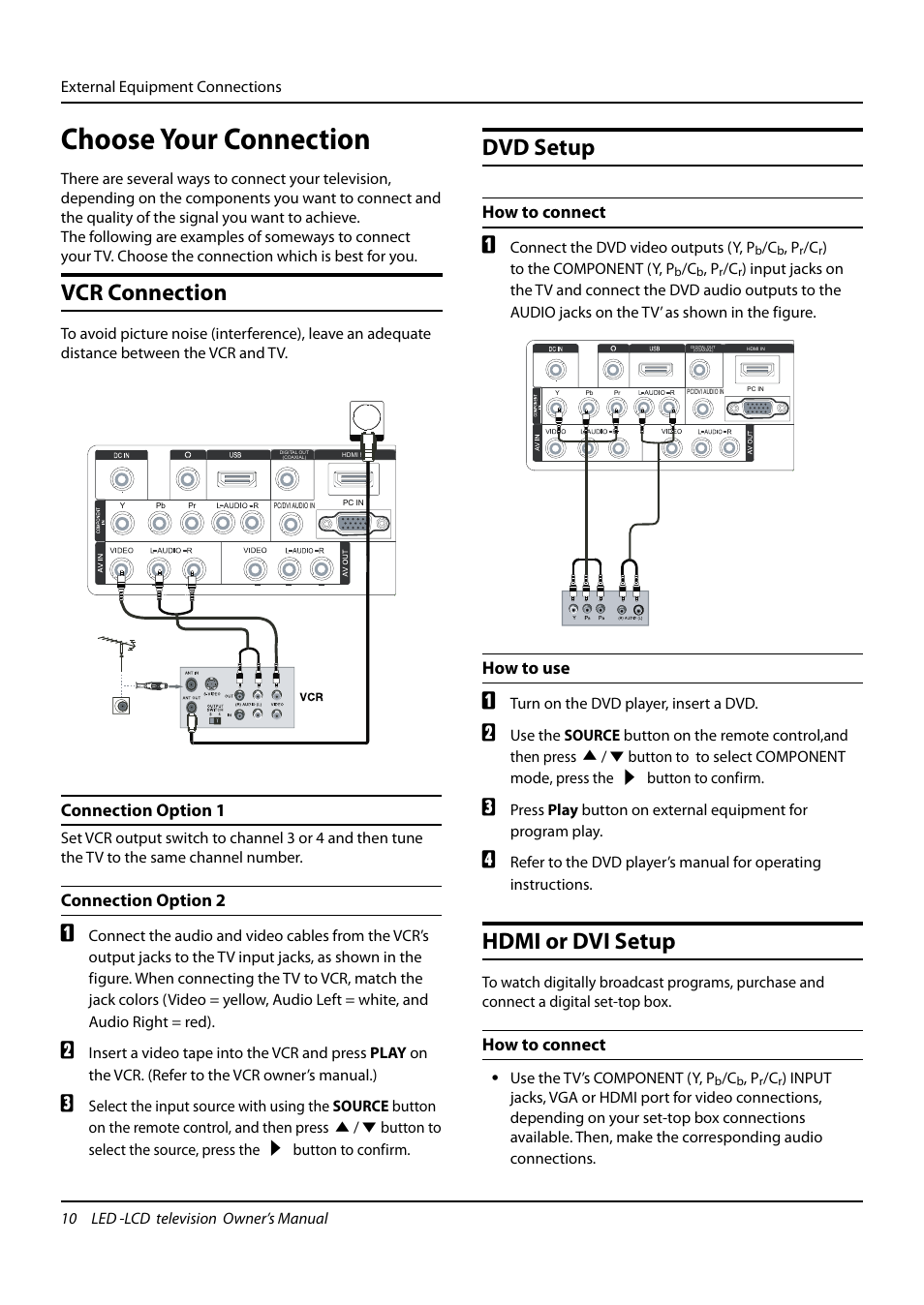 Choose your connection, Vcr connection, Dvd setup | Hdmi or dvi setup | haier L24K3 User Manual | Page 11 / 26