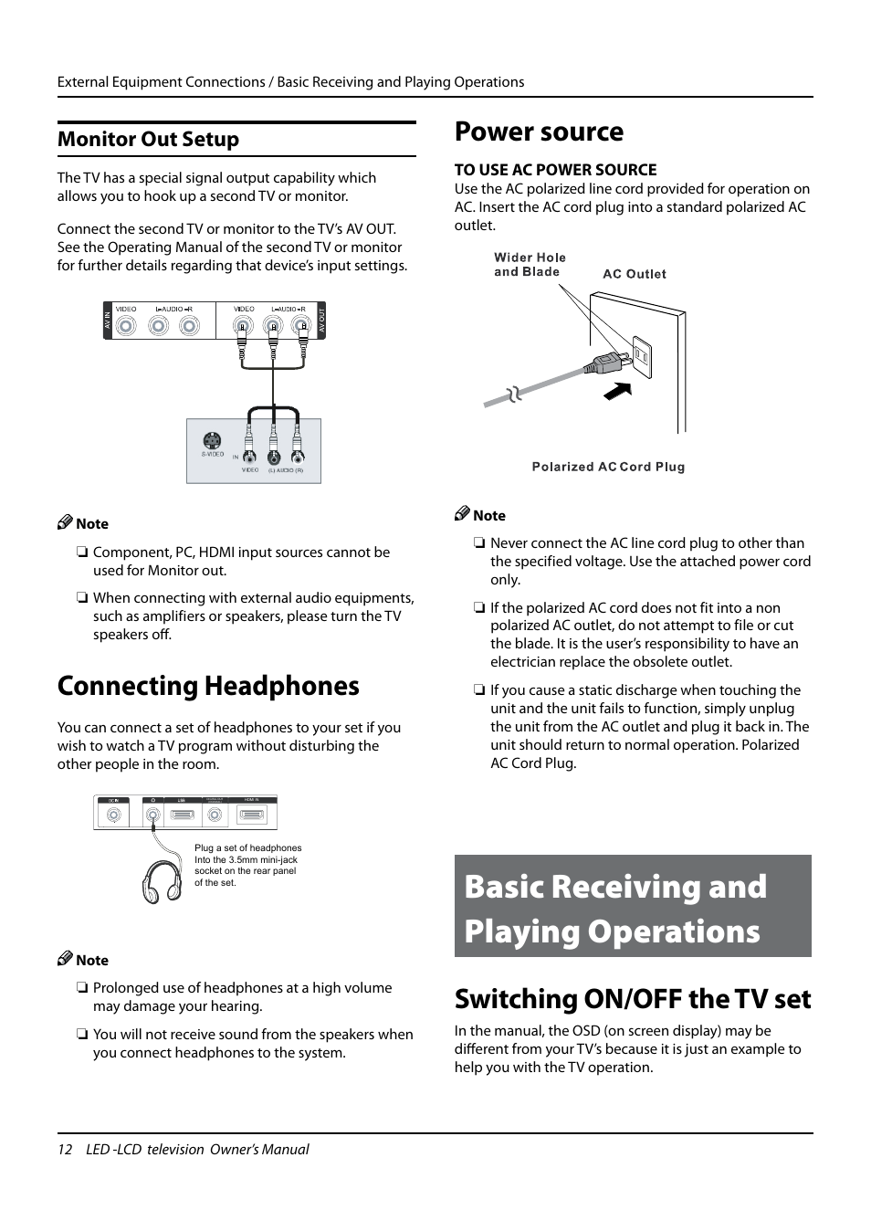 Basic receiving and playing operations, Connecting headphones, Power source | Switching on/off the tv set, Monitor out setup | haier L24K3 User Manual | Page 13 / 26