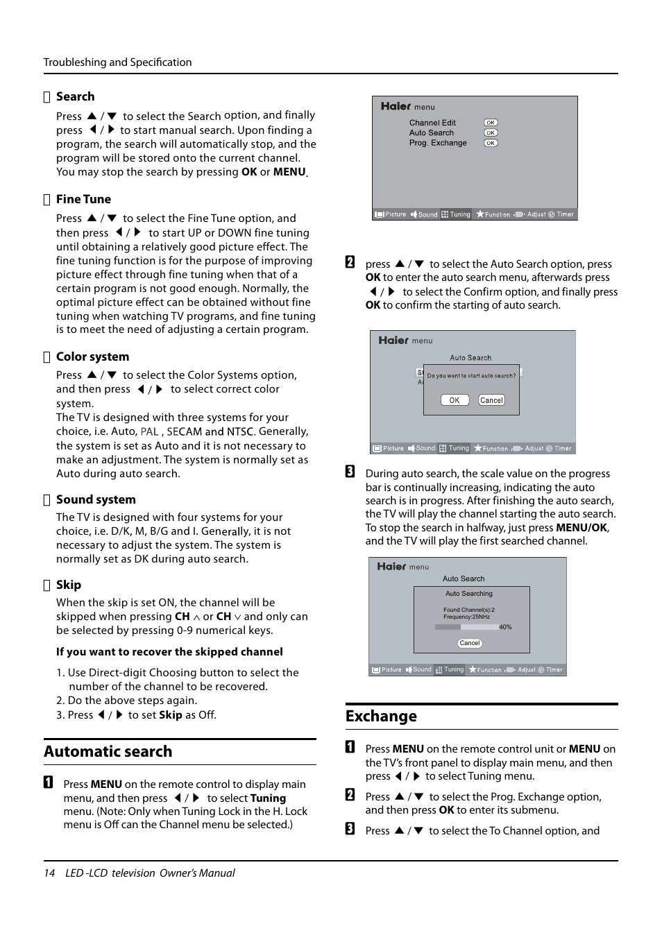 Automatic search, Exchange | haier L24K3 User Manual | Page 15 / 26