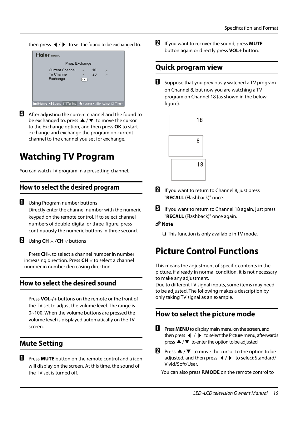 Watching tv program, Picture control functions, How to select the desired program | How to select the desired sound, Mute setting, Quick program view, How to select the picture mode | haier L24K3 User Manual | Page 16 / 26
