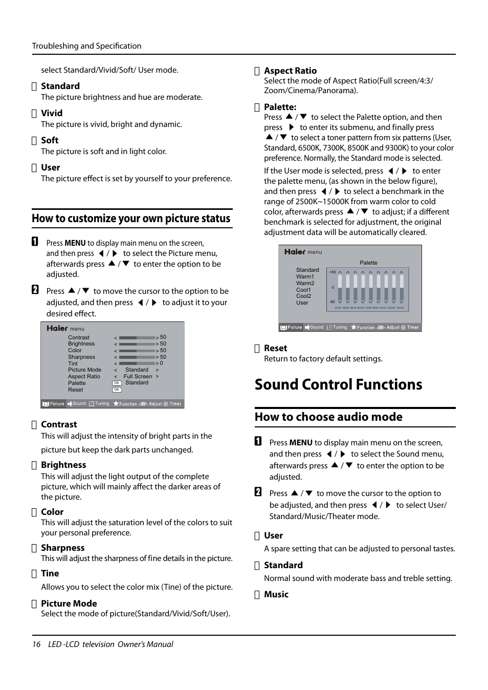 Sound control functions, How to customize your own picture status, How to choose audio mode | haier L24K3 User Manual | Page 17 / 26