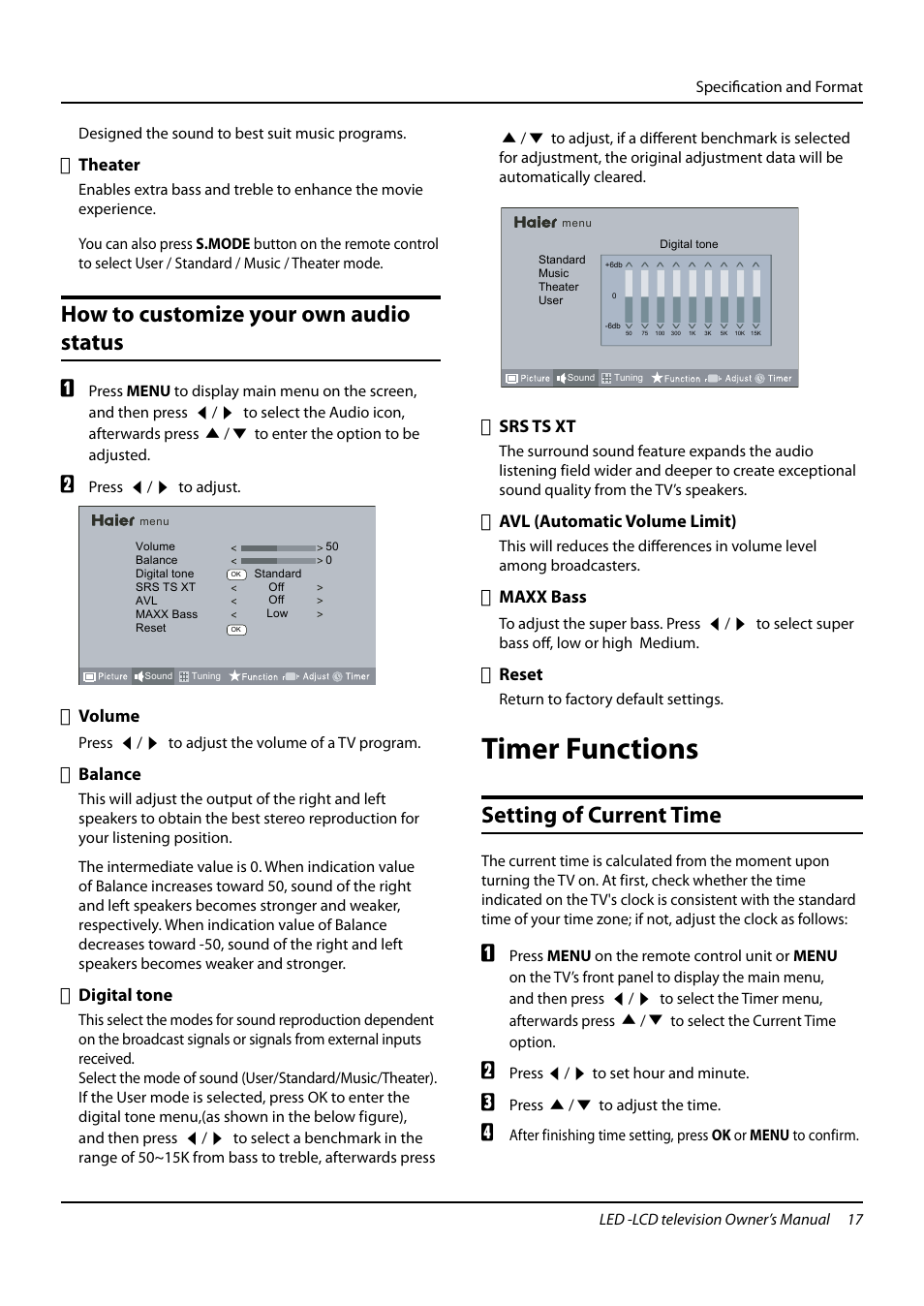 Timer functions, How to customize your own audio status, Setting of current time | haier L24K3 User Manual | Page 18 / 26