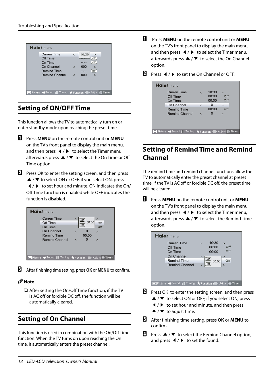 Setting of on/off time, Setting of on channel, Setting of remind time and remind channel | haier L24K3 User Manual | Page 19 / 26