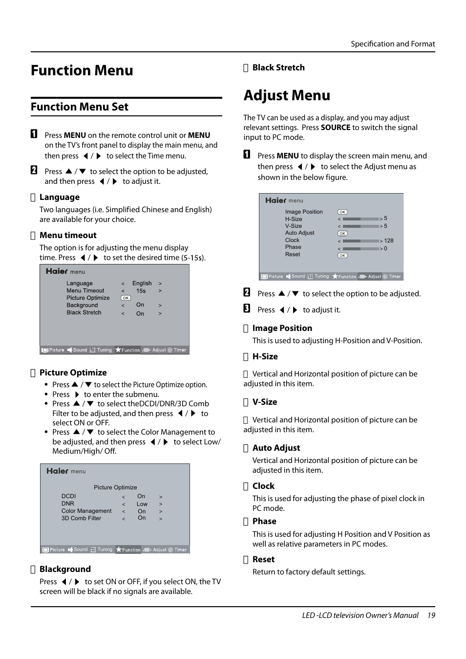 Function menu, Adjust menu, Function menu set | haier L24K3 User Manual | Page 20 / 26